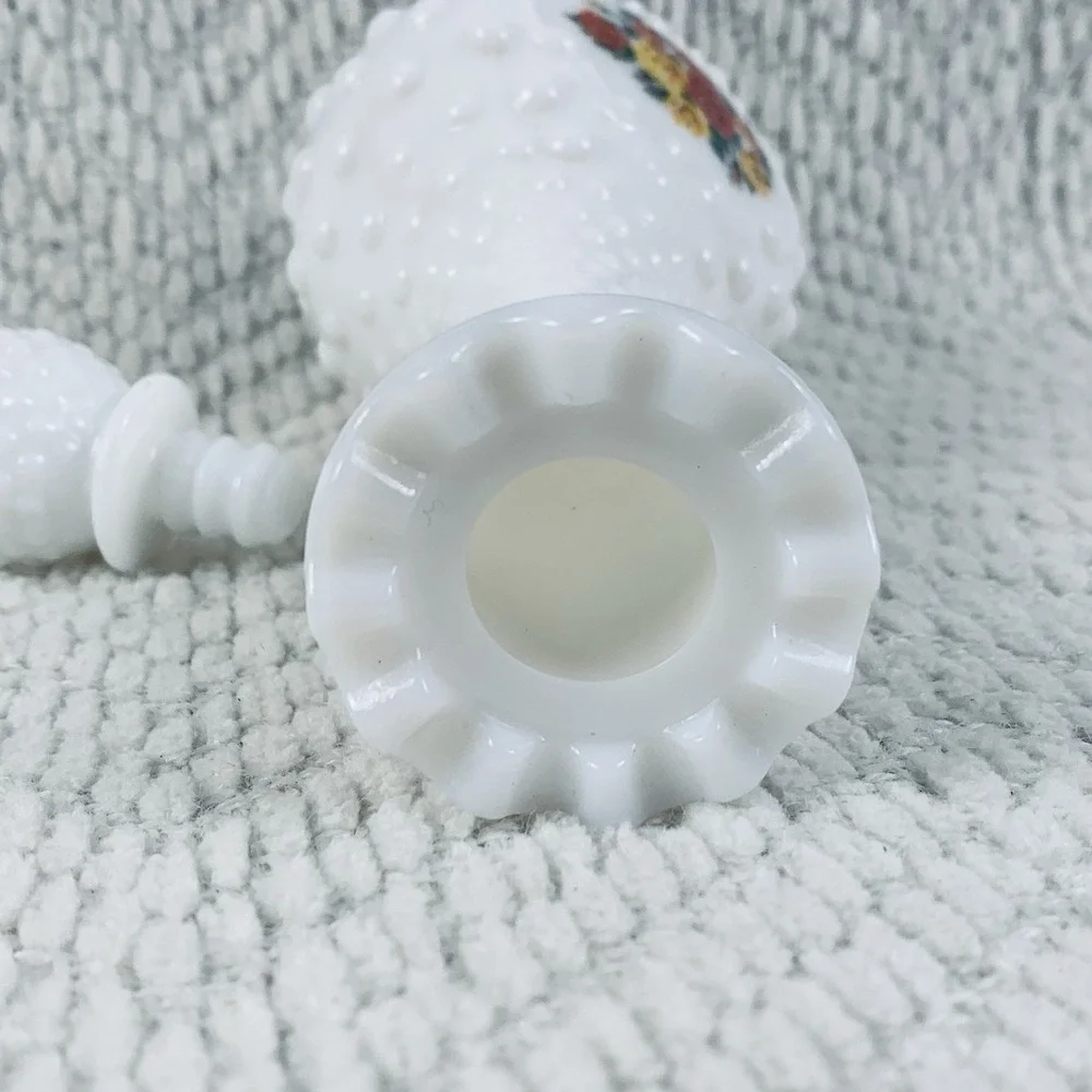 Vintage Hobnail Milk Glass Avon Cologne Bottle Decanter White Floral Flowers EUC